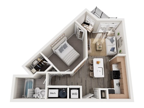 Floor plan for 1 bed, 1 bath, 708 sqft